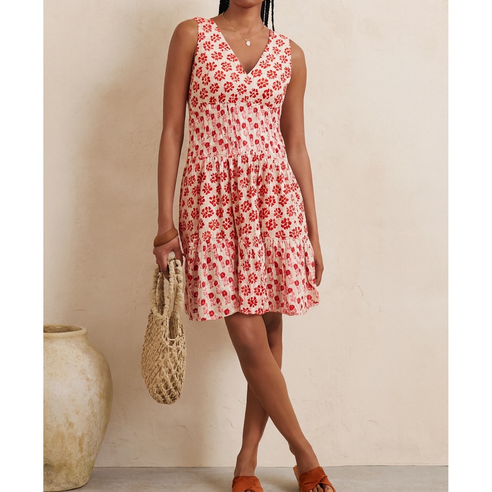 Anthropologie sz S Womens Japna Orange Tiered Floral Tie Sundress Cottage Boho